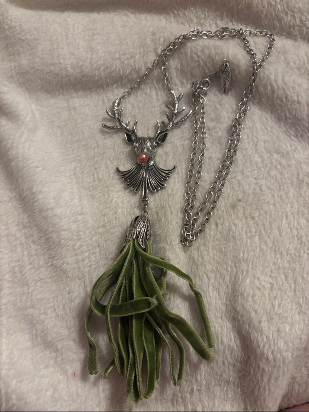 Plunder Silver Deer Pendant Necklace with Green Velvet Tassel and Coral Accent